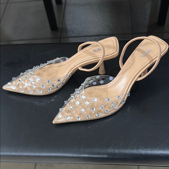 Zara Women's Beige and Silver Crystal Heels - Picture 4 of 6